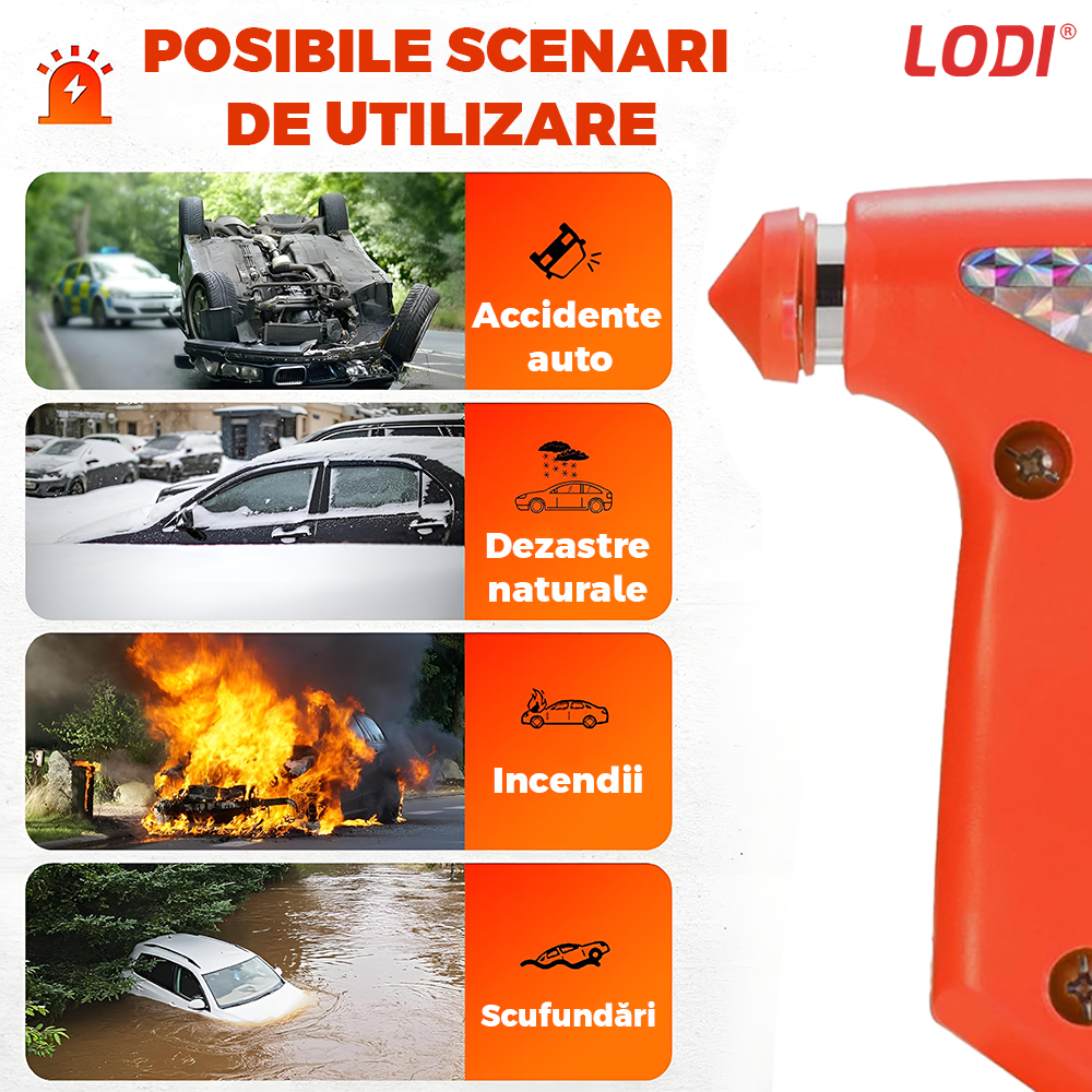Set 2 Dispozitive de Spart Geamul Lodi1066 tip ciocan, doua capete, cutter pentru taiat centura, protectie anti-taieturi, carcasa inclusa, rosu