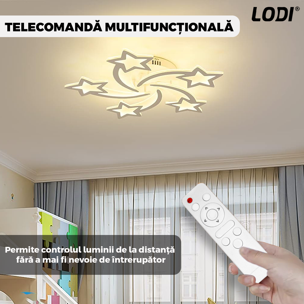 Lustra LED Model Stelute Lodi428,  dimabila cu telecomanda, 3 tipuri de lumina, intensitate ajustabila, lumina alba rece, neutra, alba cald, putere 110 W, 65 cm