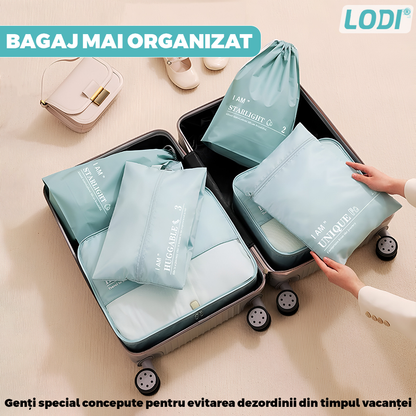 Set 6 Organizatoare Lodi1239, pentru calatorie, diferite marimi, bagaj de voiaj, valiza, troler, genti, haine, accesorii, inchidere cu fermoar dublu, plasa, turcoaz