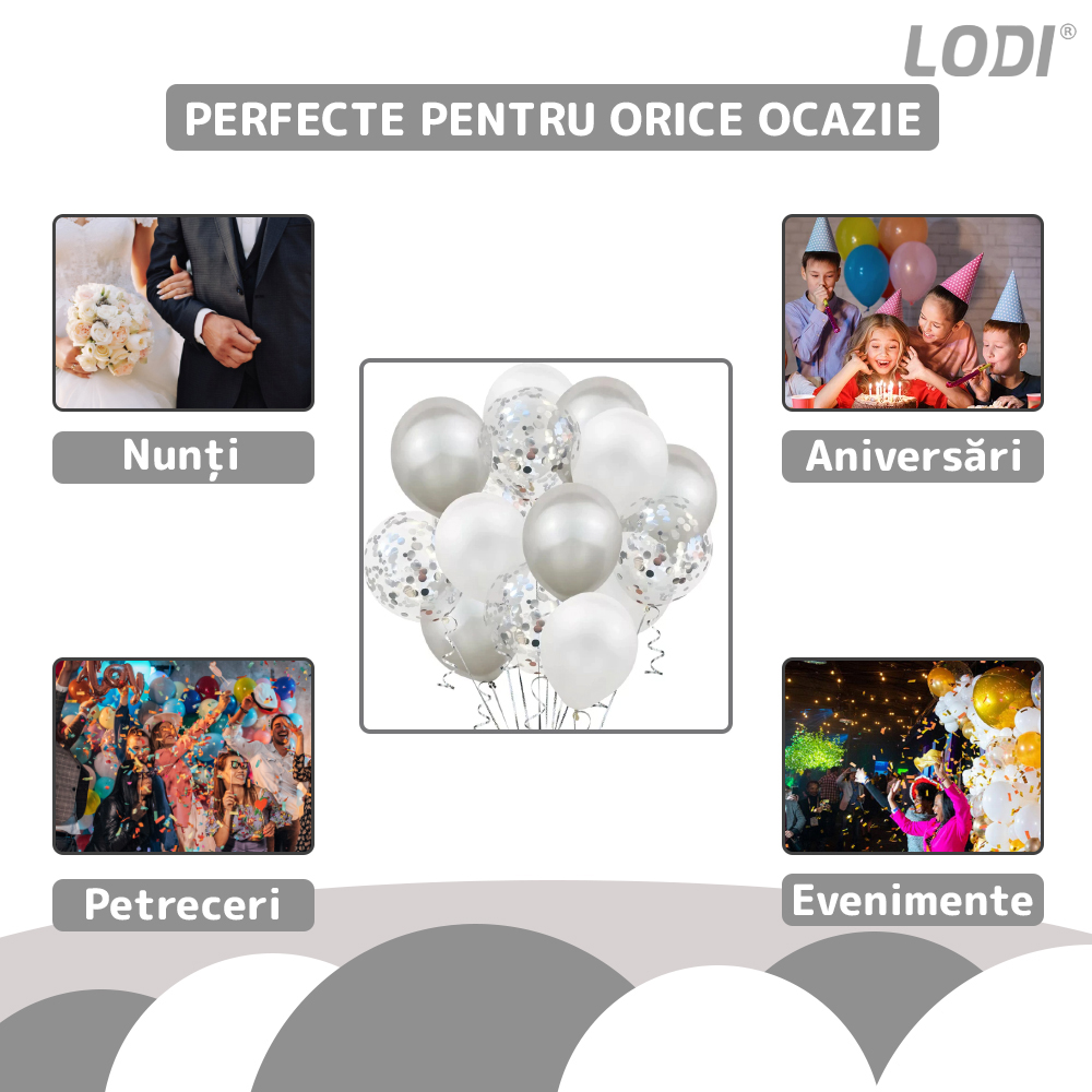 Set 15 Baloane Lodi260, Confeti, pentru Petreceri/Aniversari/Evenimente, o singura dimensiune, 3 culori, latex, argintiu/alb/transparent