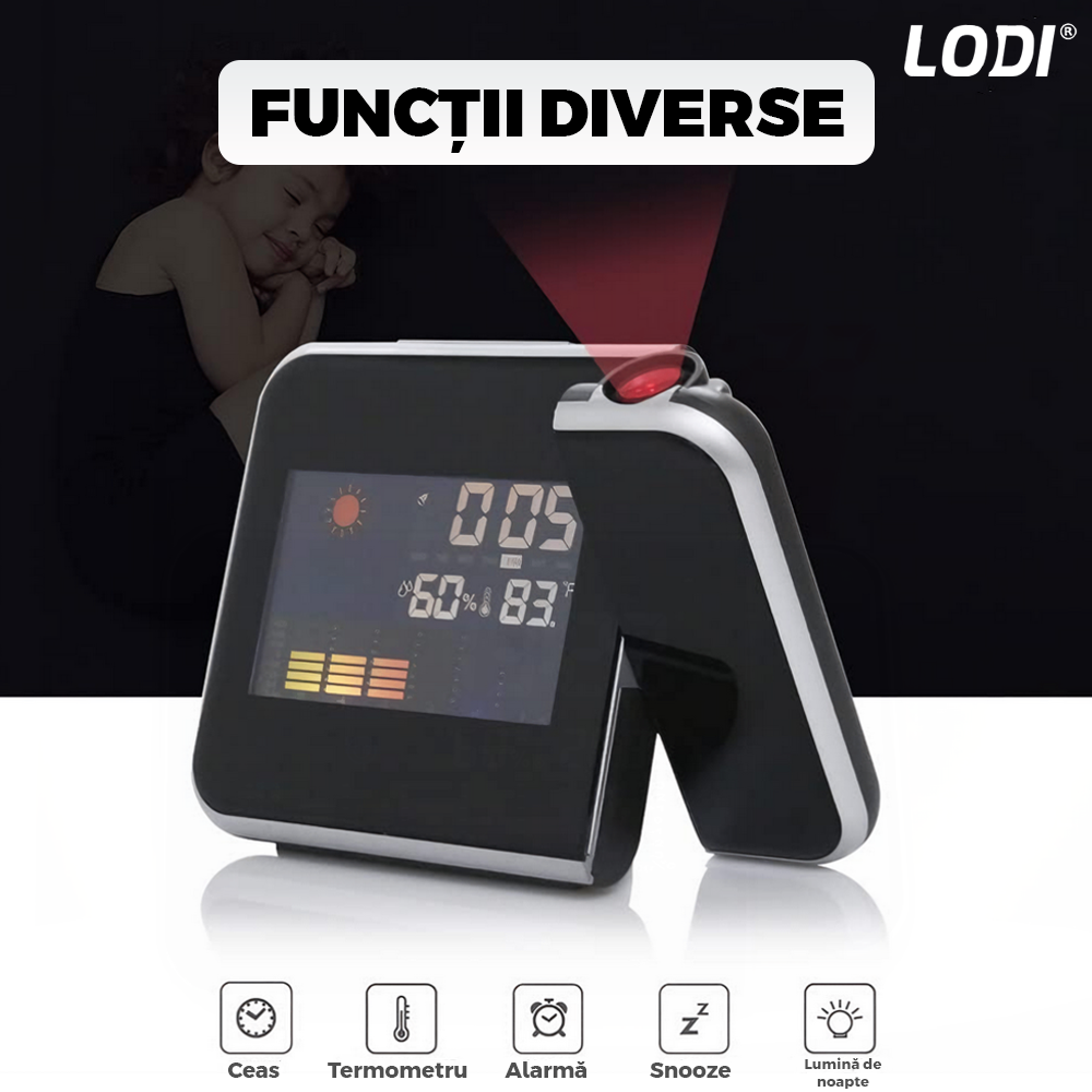 Ceas cu Proiector Multifunctional Lodi1499, statie meteo, higrometru, wireless, afisaj digital, proiector rotativ la 180°, predictie vreme 12 ore, 15 x 11 x 2.5 cm, negru