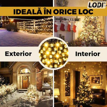 Instalatie de Craciun Liniara cu Panou Solar Lodi1458, 20 m, 8 jocuri de lumini, alimentare la priza, fir verde, interior/exterior, rezistenta la apa, 200 LED-uri, alb cald
