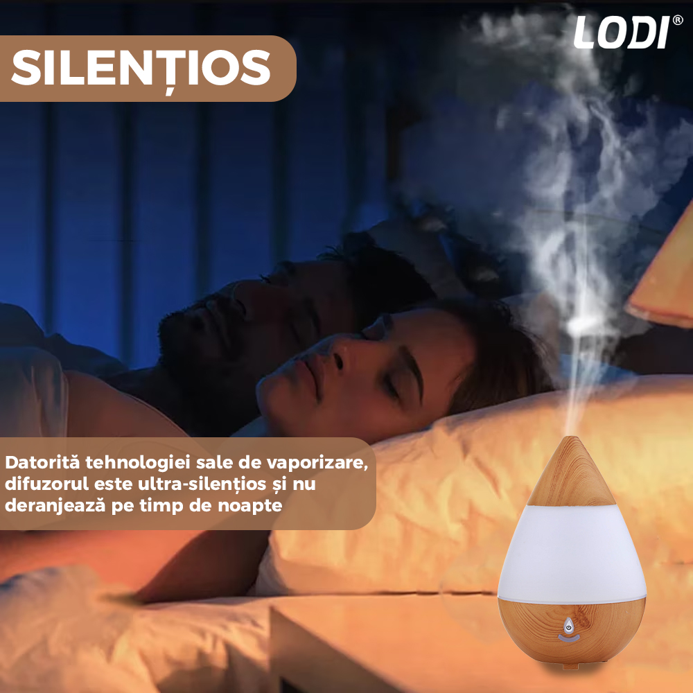 Difuzor Aromaterapie Lodi214, 7 culori LED, lumini dinamice, buton on/off, capacitate 235ml, silentios, umidifica aerul, stejar deschis