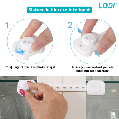 Set 6 x Siguranta Usi Copii Lodi31, sistem de inchidere dubla, blocare usi/sertare/duapuri, ajustabile pe lungime, adeziv puternic, anti-deschidere accidentala, alb
