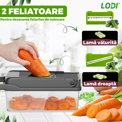Feliator de Legume 13 in 1 Lodi752, multifunctional, 8 taieturi, accesorii pentru tocat, maruntit, feliat, julienne, separator de oua, lame de inox, 28 x 13 cm, verde