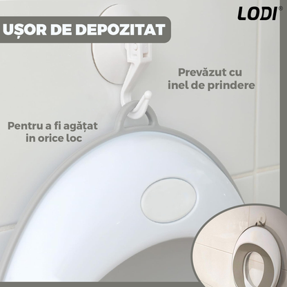 Reductor WC Copii Lodi648, suprafata antiderapanta, confortabil, protectie impotriva stropilor, compatibilitate universala, inel de prindere, portabil, alb/gri