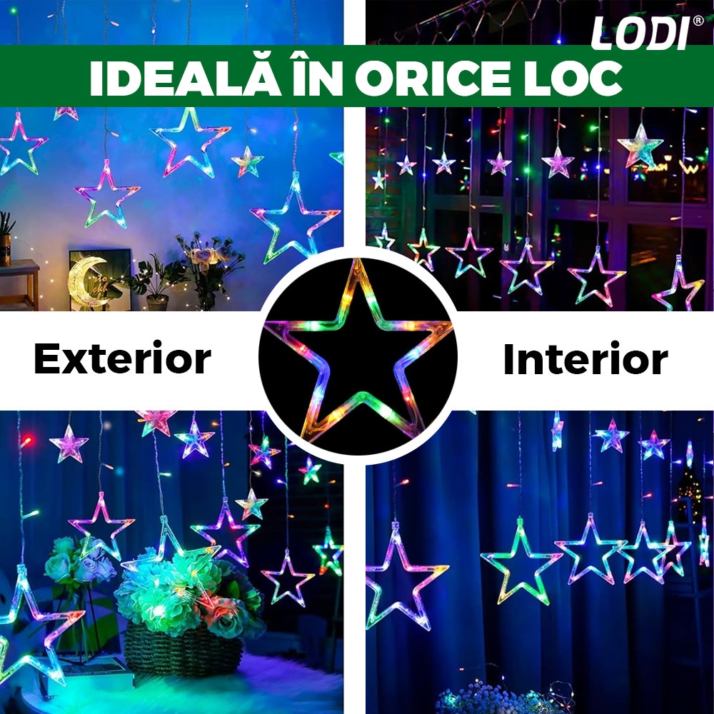 Instalatie de Craciun Tip Perdea Lodi1443, 3x3 m, model stelute, 8 jocuri de lumini, alimentare la priza, fir transparent, interior/exterior, rezistenta la apa, 12 figurine, multicolor
