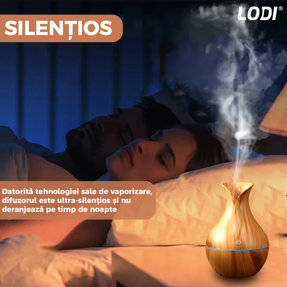 Difuzor Aromaterapie Lodi219, lumini ambientale, control tactil, capacitate 200ml, silentios, rezerva inclusa, alimentare USB, umidifica aerul, stejar deschis