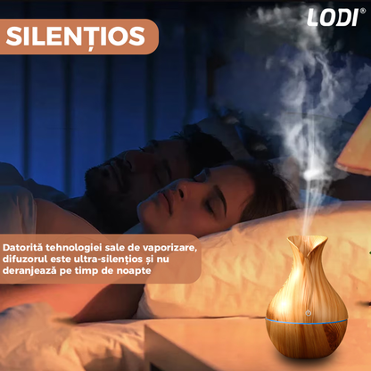 Difuzor Aromaterapie Lodi219, lumini ambientale, control tactil, capacitate 200ml, silentios, rezerva inclusa, alimentare USB, umidifica aerul, stejar deschis