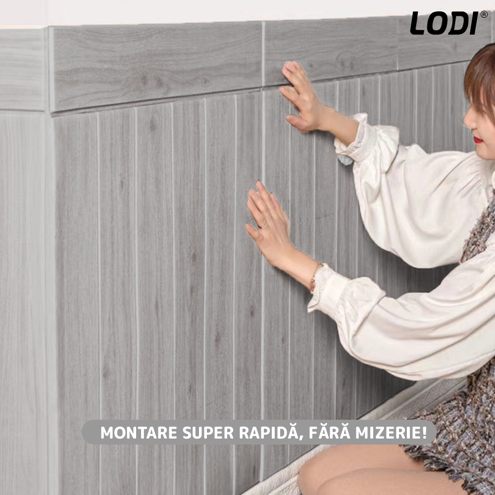 Set Tapet Panou 3D Lodi93, Model Lemn, suprafata acoperire 4.9 mp, autoadeziv, waterproof, usor de montat, design modern, 70x70 cm, gri