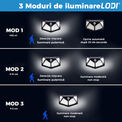 Lampa Solara 100 LED-uri Lodi63, senzor de miscare, 3 moduri de iluminare, protectie IP65, Waterproof, exterior, negru