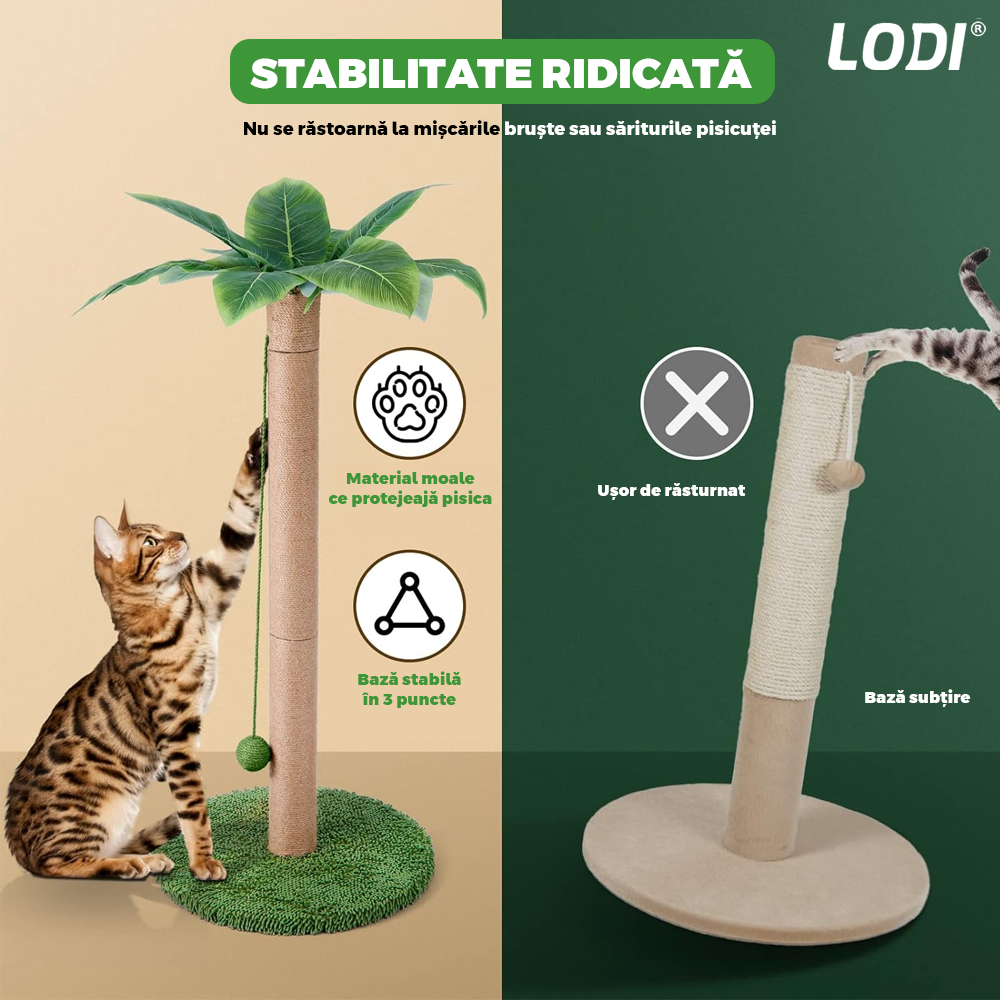 Ansamblu de Joaca pentru Pisici in Forma de Palmier Lodi1142, tip turn, 1 nivel,  franghie si mingiute de joaca, stalpi pentru zgariat, captuseala extra moale, structura stabila, 85 cm, verde