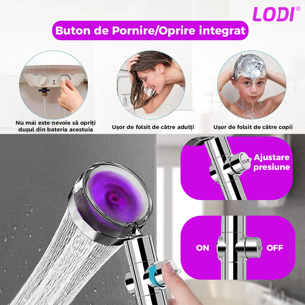 Para de Dus Turbo Lodi199, 2 filtre extra, buton On/Off, presiune ajustabila, filtrare apa, jet uniform, cap Rotativ 360°, mov