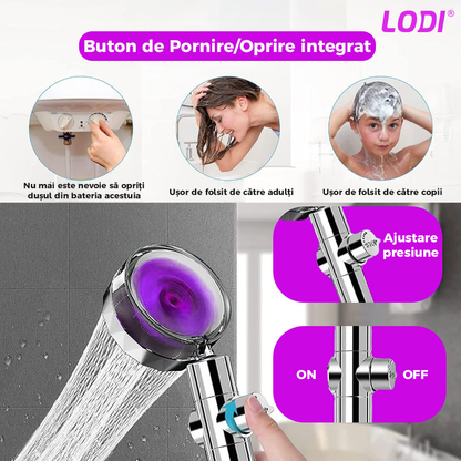 Para de Dus Turbo Lodi199, 2 filtre extra, buton On/Off, presiune ajustabila, filtrare apa, jet uniform, cap Rotativ 360°, mov