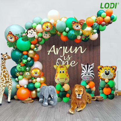 Set 106 Baloane si Decoratiuni Lodi301, pentru Petreceri/Aniversari copii, tema junglei/safari, latex, multicolor/verde