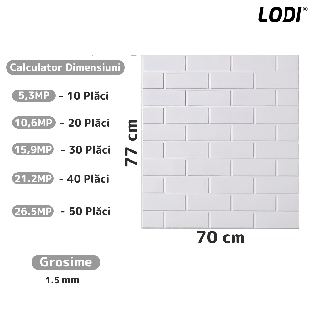 Set 10x Tapet 3D Lodi815, suprafata acoperire 5.3 mp, autoadeziv, Model Caramida Slefuita, perete/tavan, waterproof, usor de montat, design modern, 70x70 cm, alb