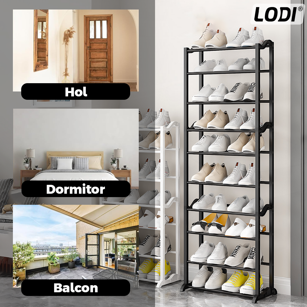 Pantofar tip Raft Lodi1126, pentru incaltaminte, 10 niveluri, capacitate mare, structura stabila, tevi din metal, 100 x 60 cm, negru