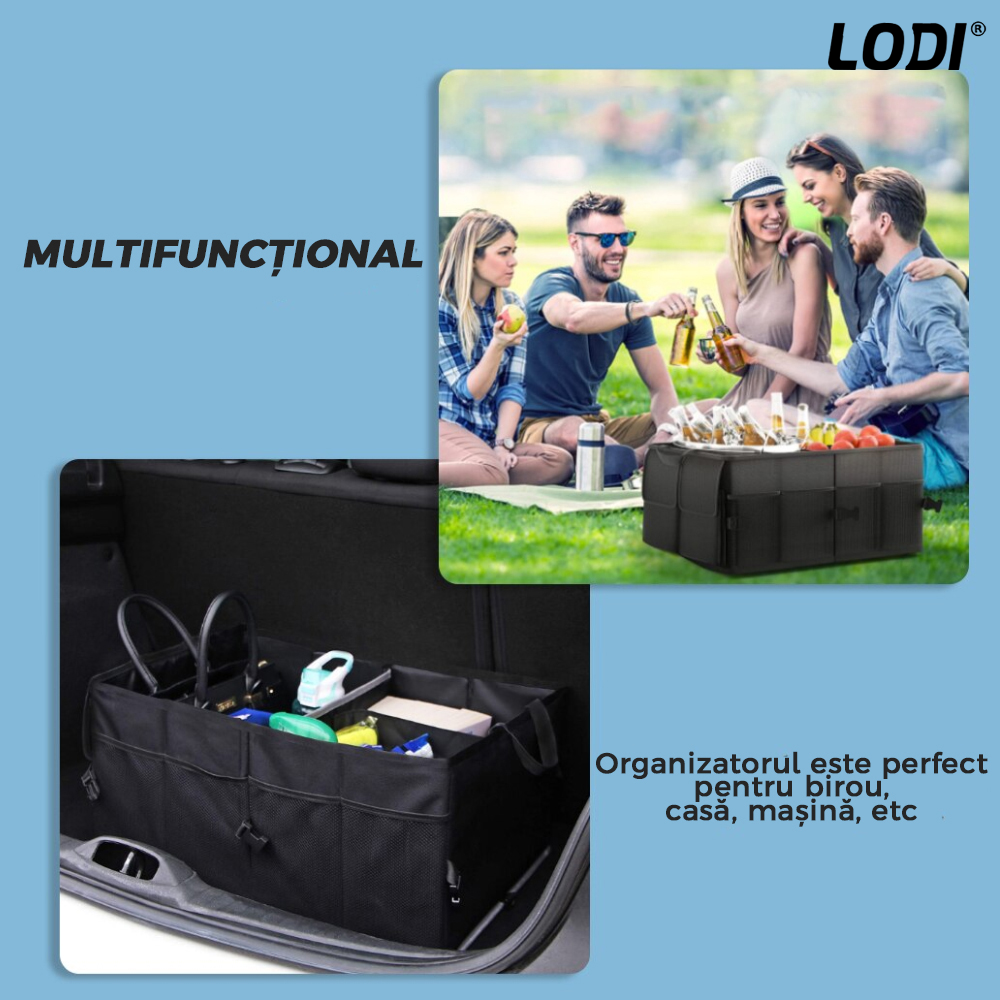 Organizator Auto Portbagaj Lodi293, 7 compartimente, pliabil, impermeabil, portabil, chingi de ancorare, multifunctional, universal, negru