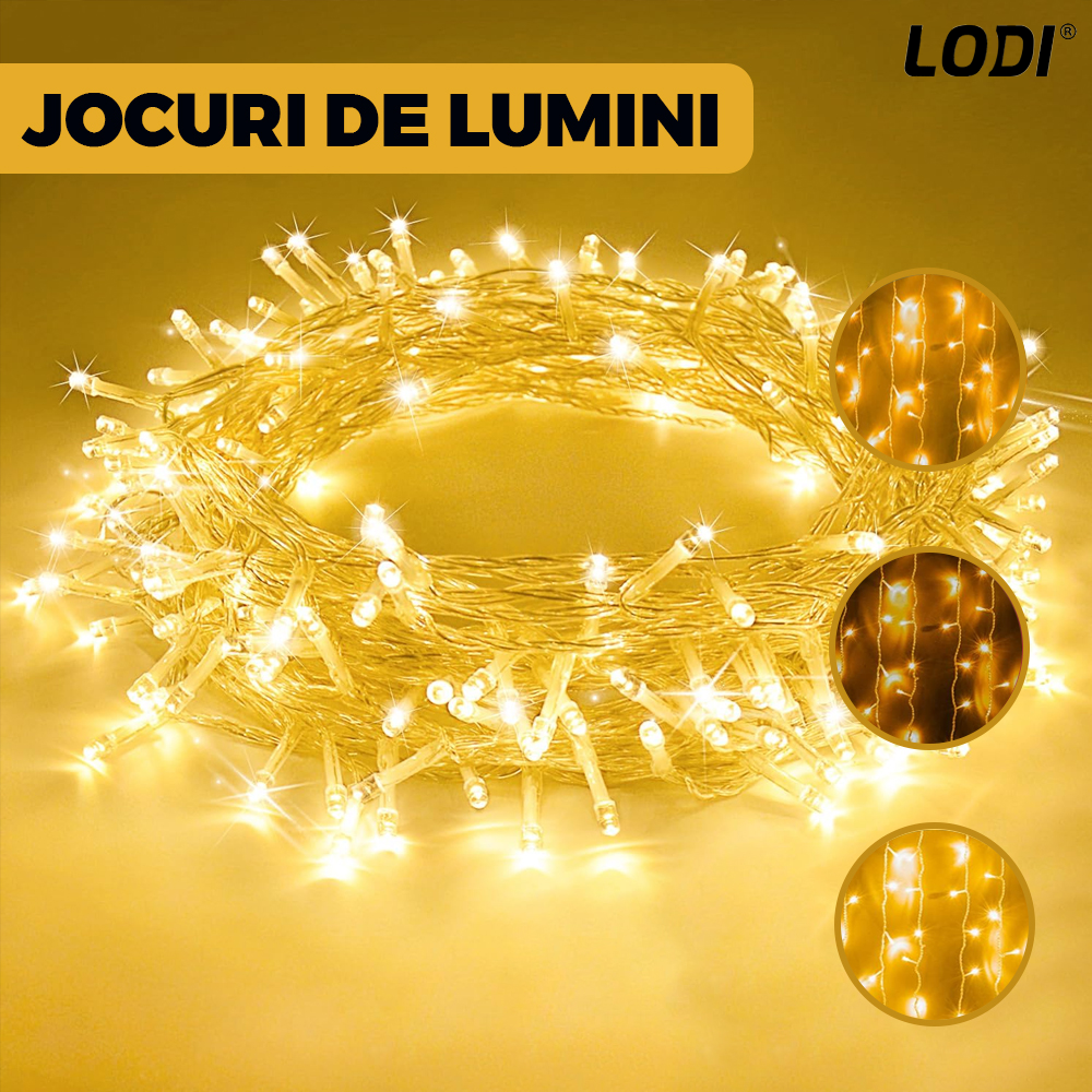 Instalatie de Craciun Liniara Lodi1457, 15 m, 8 jocuri de lumini, alimentare la priza, fir transparent, interior/exterior, rezistenta la apa, 200 LED-uri, alb cald