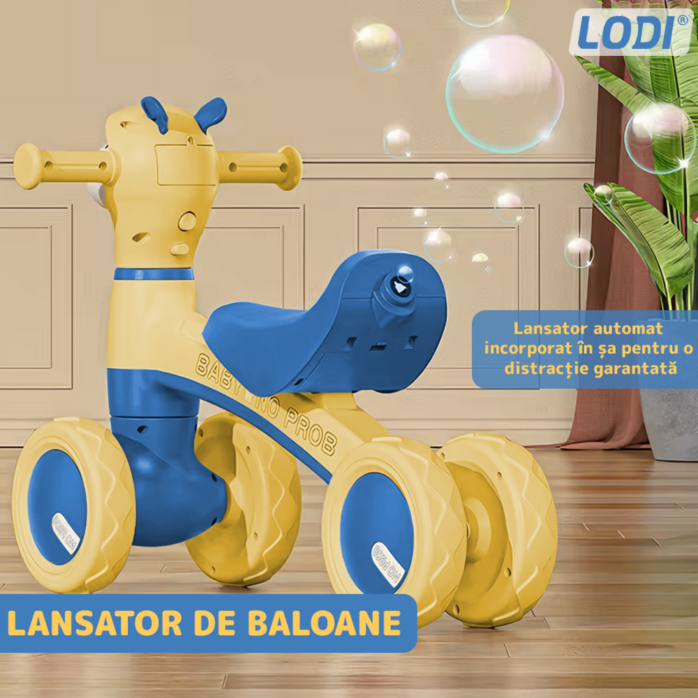 Bicicleta cu 4 Roti fara Pedale Oita Lodi1104, structura stabila, cap luminos, functie cu muzica, lansator de baloane incorporat,  80 x 58 x 51 cm, 1-3 ani, albastru/galben