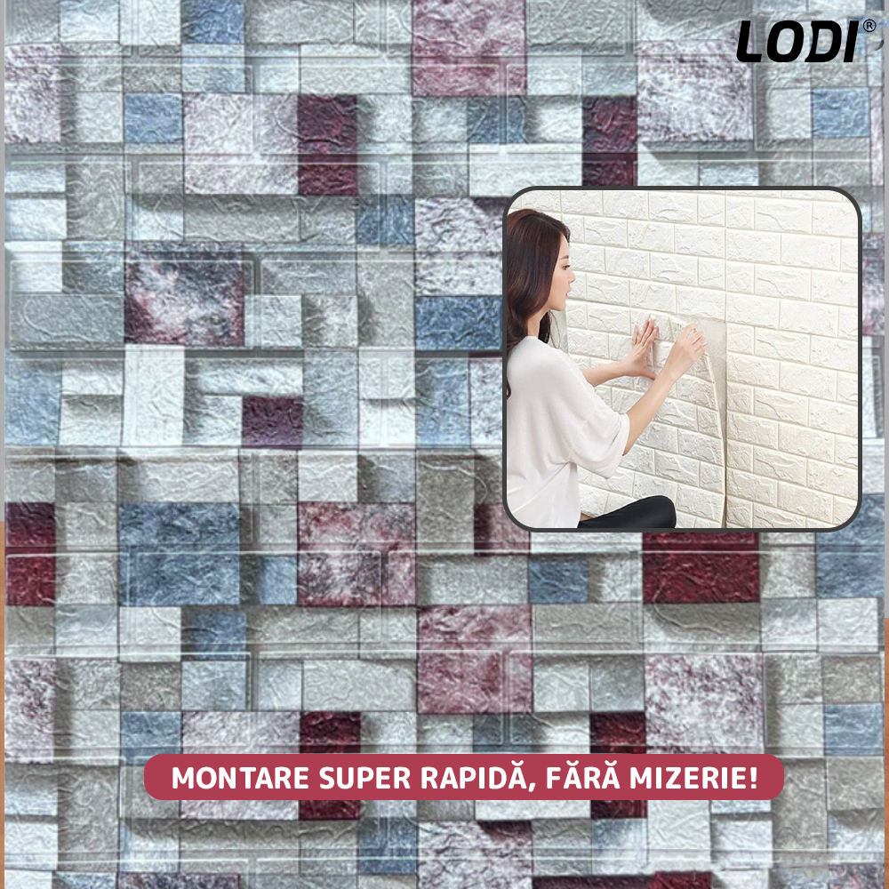 Set Tapet Caramida 3D Lodi®, Model Piatra Mozaic, autoadeziv, waterproof, usor de montat, design modern, 70x77 cm, multicolor