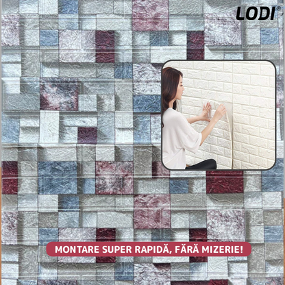 Set Tapet Caramida 3D Lodi®, Model Piatra Mozaic, autoadeziv, waterproof, usor de montat, design modern, 70x77 cm, multicolor