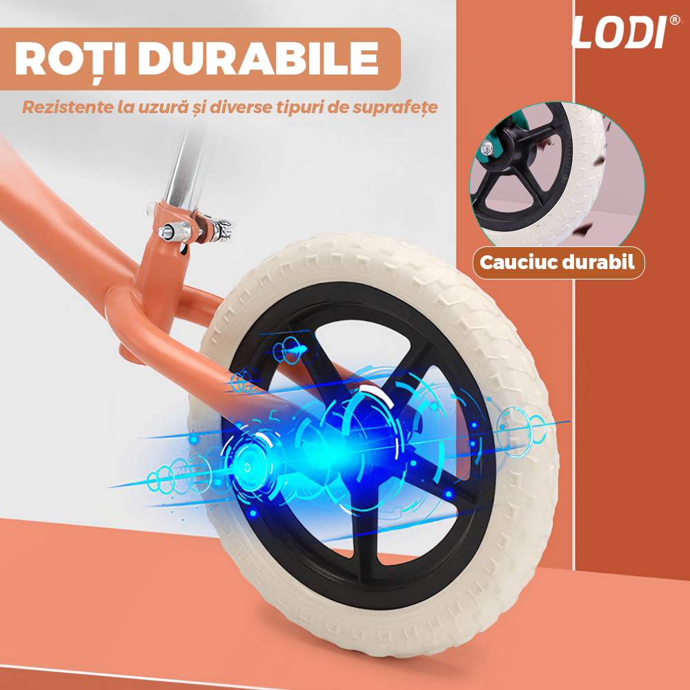 Bicicleta fara Pedale Lodi1116, inaltime reglabila, manere anti-alunecare, sa confortabila waterproof, roti de 12 inch, cauciuc rezistent, 2-5 ani, portocaliu