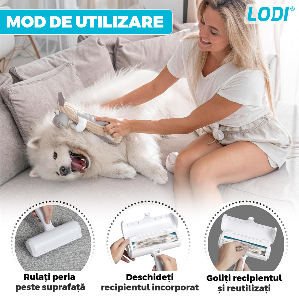Perie Curatare Par Lodi1520, reutilizabila, universala, pentru orice suprafata inclusiv hainele, curata parul de animale si scamele, compartiment de depozitare a parului, albastru