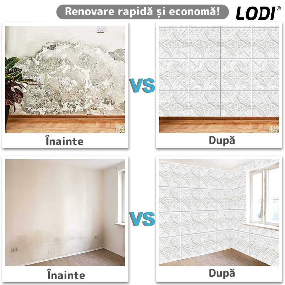 Set 10x Tapet 3D Lodi810, suprafata acoperire 4.9 mp, autoadeziv, Model Floral Diamant, perete/tavan, waterproof, usor de montat, design modern, 70x70 cm, alb