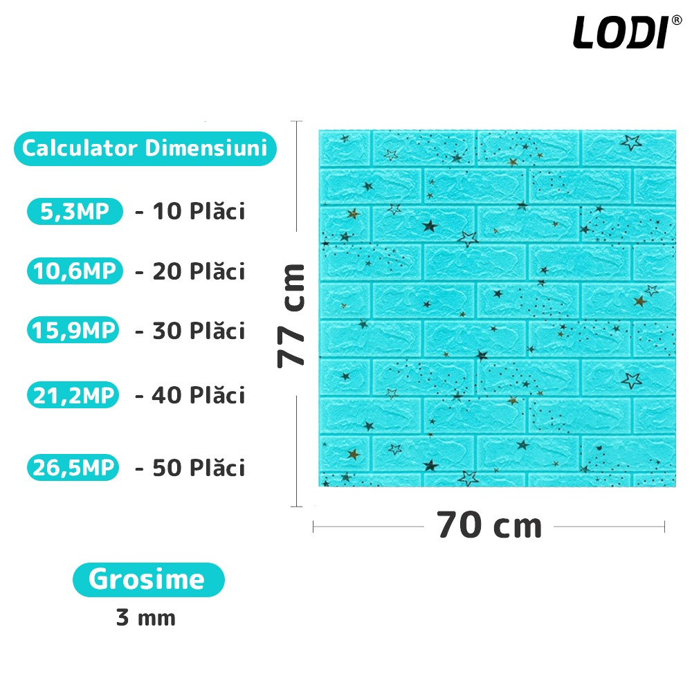 Set Tapet Caramida 3D Lodi71, model Stelute, suprafata acoperire 5.3 mp, autoadeziv, waterproof, usor de montat, design modern, 70x77 cm, albastru