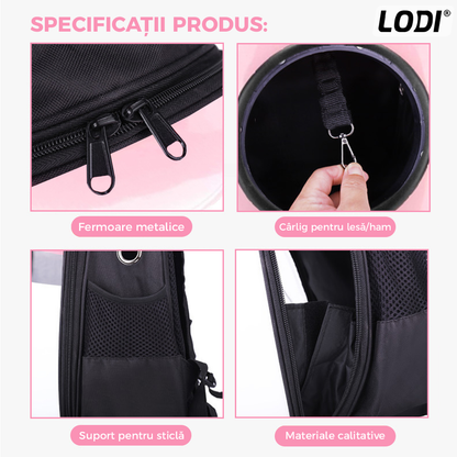Rucsac Transport Animale Lodi23, greutate Max 7kg, hublou transparent, buzunar lateral, accesorii incluse, pentru talie mica, roz