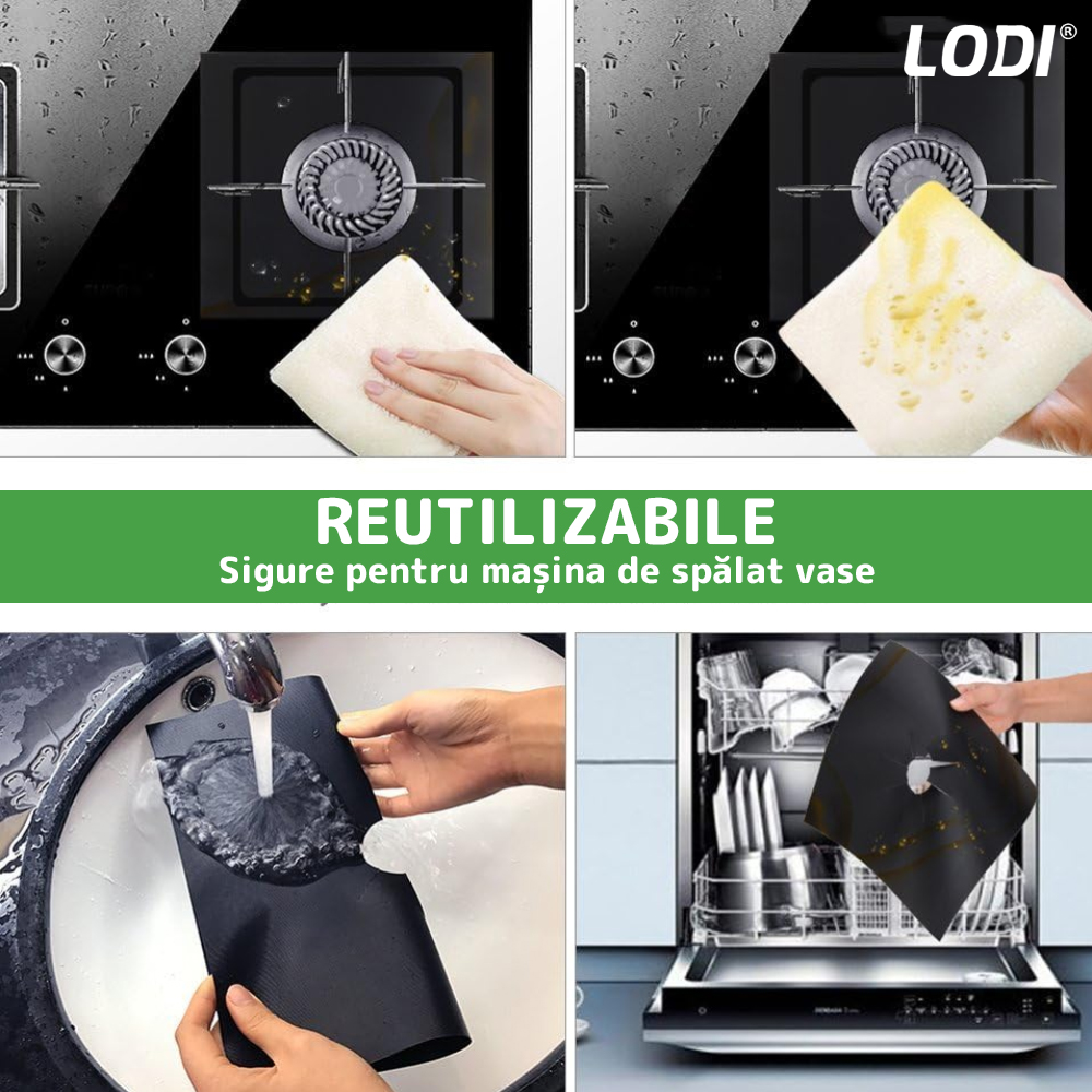 Set 4 Folii Protectie Teflon Lodi88, pentru aragaz sau plita, detasabile, ajustabile, usor de curatat, anti-aderente, negru