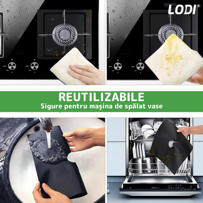 Set 4 Folii Protectie Teflon Lodi88, pentru aragaz sau plita, detasabile, ajustabile, usor de curatat, anti-aderente, negru