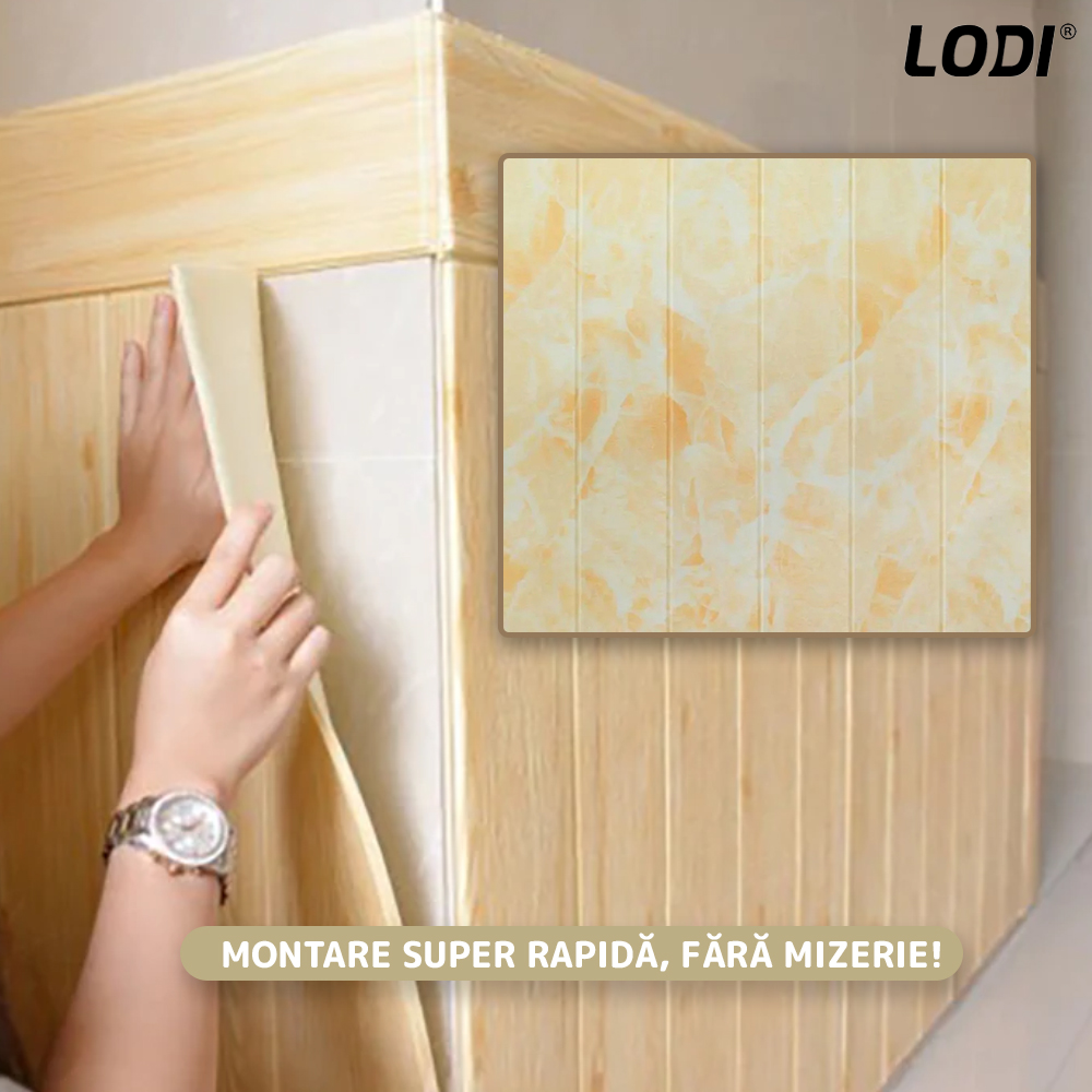 Set Tapet Panou 3D Lodi170, Model Marmura, suprafata acoperire 4.9 mp, autoadeziv, waterproof, usor de montat, design modern, 70x70 cm, galben