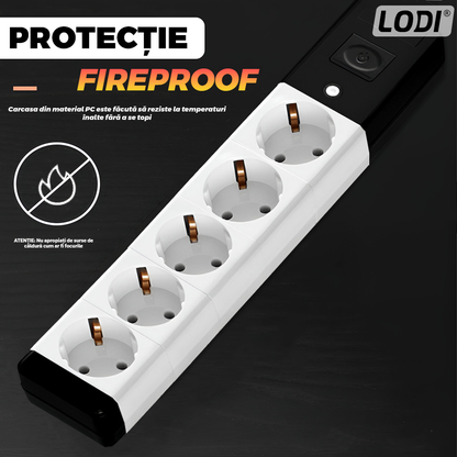 Prelungitor Lodi1281, 5 prize, intrerupator, suport de agatare incorporat, rezistent la temperaturi inalte, universal, lungime 5 metri, negru/alb
