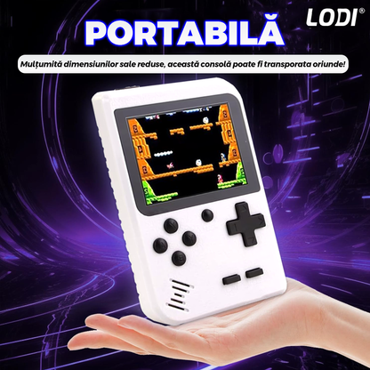 Mini Consola Jocuri Retro Game Box Lodi1503, SR-90, 400 in 1, maneta 2nd player inclusa, rotita volum, portabila, cablu AV, incarcare USB-MINI, autonomie ridicata,  11x8 cm, alb