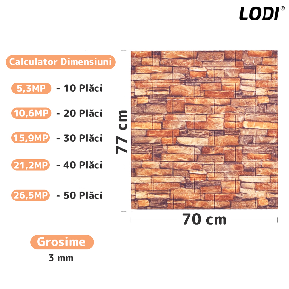 Set Tapet Caramida 3D Lodi85, Model Piatra Naturala, suprafata acoperire 5.3 mp, autoadeziv, waterproof, usor de montat, design modern, 70x77 cm, rosu