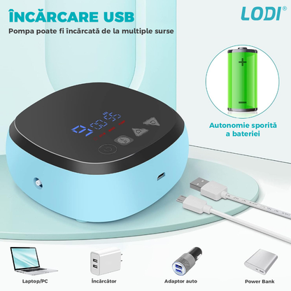 Pompa de San Electrica Dubla Lodi44, 3 functii, 9 niveluri de intensitate, 2 biberoane, masaj, stimulare, suctiune, afisaj digital, capacitate 300ml, albastru