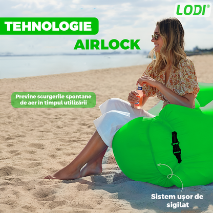 Saltea Gonflabila Tip Sezlong Lazybag Lodi1234, material rezistent, umflare fara pompa, pentru plaja/picnic/camping, rucsac de depozitare, 190 x 70 cm, verde