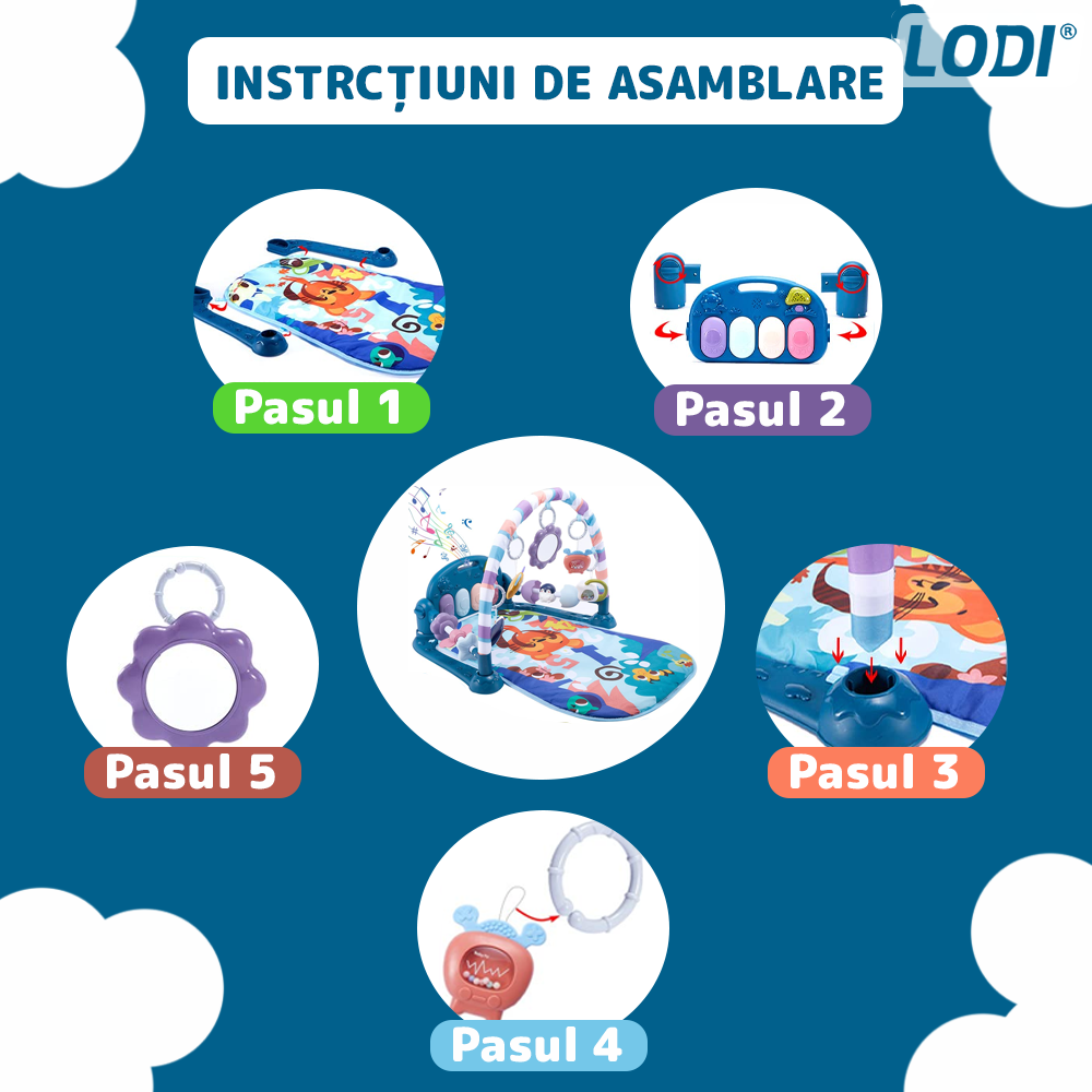Centru de Activitati si Joaca Lodi1108, saltea interactiva pentru copii cu sunete, multifunctional, pian si oglinda detasabile, jucarii zornaitoare, 4 moduri interactive si educative, albastru inchis