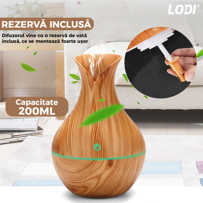 Difuzor Aromaterapie Lodi219, lumini ambientale, control tactil, capacitate 200ml, silentios, rezerva inclusa, alimentare USB, umidifica aerul, stejar deschis