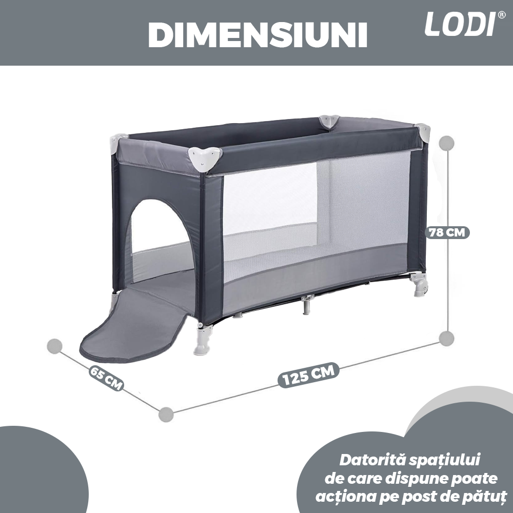 Patut Turistic Pliabil pentru Copii Lodi984, usa cu fermoar exterior, plasa de protectie tantari, materiale calitative, usor de montat, geanta de depozitare, dimensiuni 125x78x65, gri