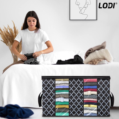 Set 3 Cutii pentru Depozitare si Organizare Lodi723, pliabile, maner ranforsat si fereastra transparenta, pliabile, pentru haine/paturi/ plapumi/ perne/ lenjerii de pat/jucarii, 100L, 63x 45x 36 cm, negru