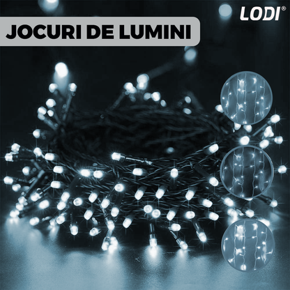 Instalatie de Craciun Liniara Lodi1435, 240 LED-uri, 8 jocuri de lumini, alimentare la priza, interior/exterior, rezistenta la apa, 50 m, alb rece