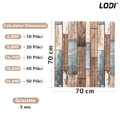 Set Tapet Panou 3D Lodi99, Model Lemn, suprafata acoperire 4.9 mp, autoadeziv, waterproof, usor de montat, design modern, 70x70 cm, multicolor