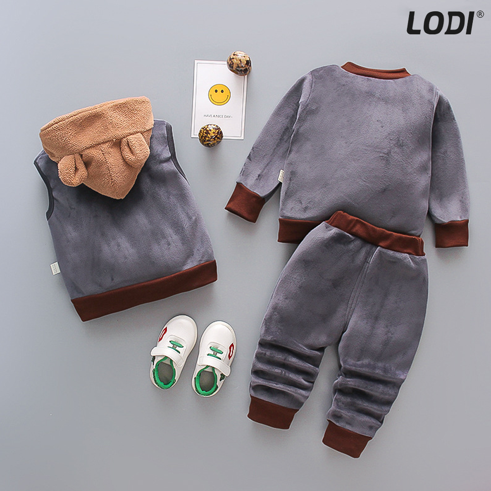 Compleu Copii din 3 Piese Lodi501, unisex, toamna-iarna, plus moale cu ursulet, bluza, pantaloni si vesta cu gluga pufoasa, 80 cm, gri