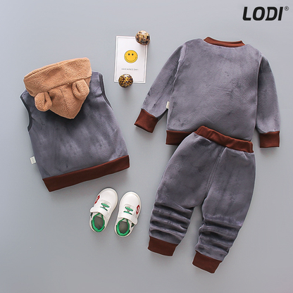 Compleu Copii din 3 Piese Lodi501, unisex, toamna-iarna, plus moale cu ursulet, bluza, pantaloni si vesta cu gluga pufoasa, 80 cm, gri