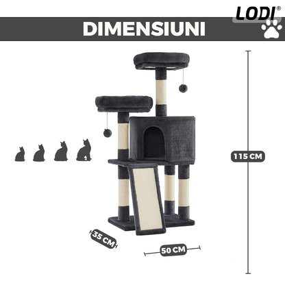 Ansamblu de Joaca pentru Pisici Lodi630, tip turn, 2 platforme de observatie, 3 niveluri, 1 casuta, scara, franghie si mingiute de joaca, stalpi pentru zgariat, captuseala extra moale, structura stabila, 115 cm, gri inchis