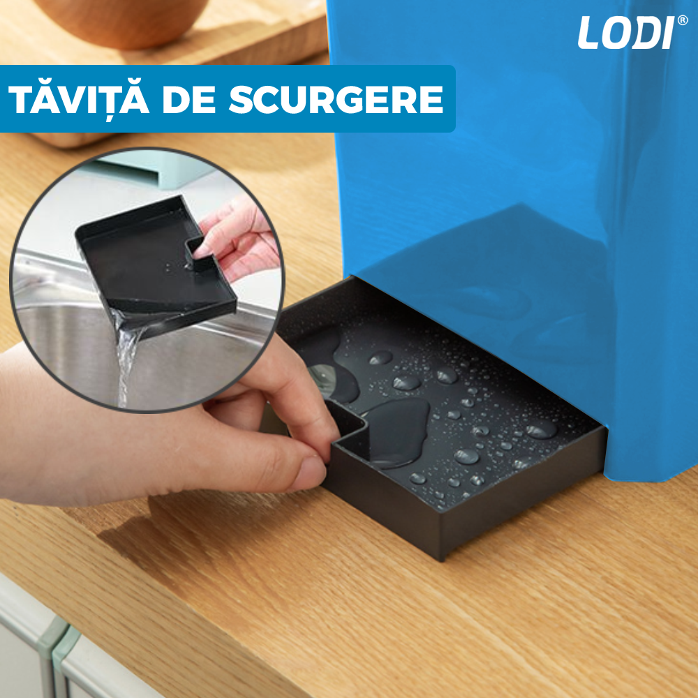 Organizator Multifunctional pentru Bucatarie Lodi604, 4 Compartimente, raft condimente, suport detasabil telefon,  tavita de scurgere, suport tacamuri/ustensile, albastru