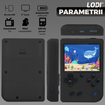 Mini Consola Jocuri Retro Game Box Lodi1502, SR-90, 400 in 1, maneta 2nd player inclusa, rotita volum, portabila, cablu AV, incarcare USB-MINI, autonomie ridicata,  11x8 cm, alb